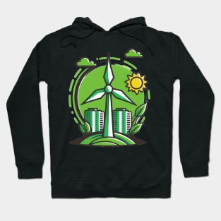 Green City Vibes: Get Powered by Renewables with our Cartoon Wind Turbine Design Hoodie